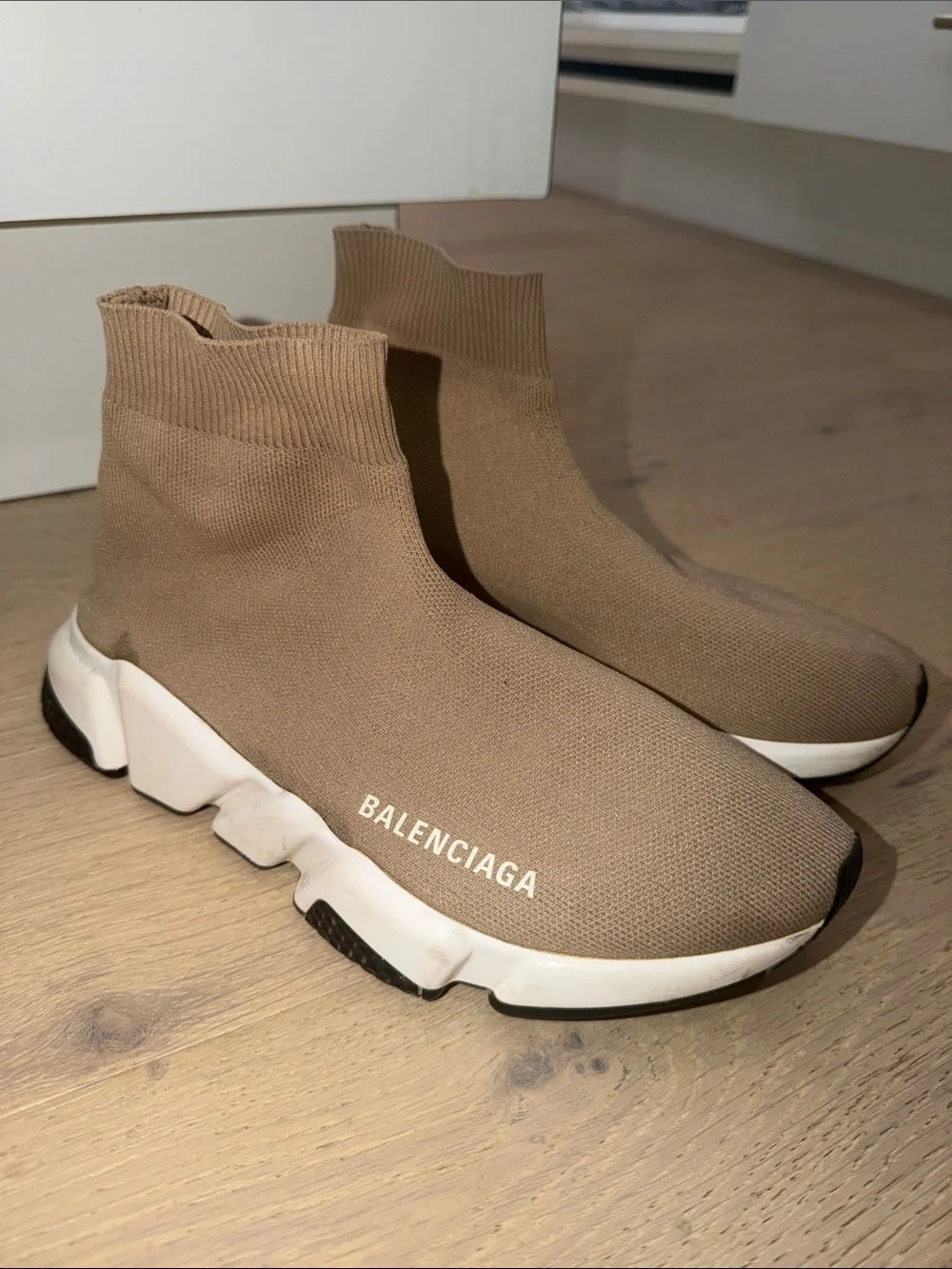 Balenciaga Men’s Camel Knit Sock Sneakers with White Sole